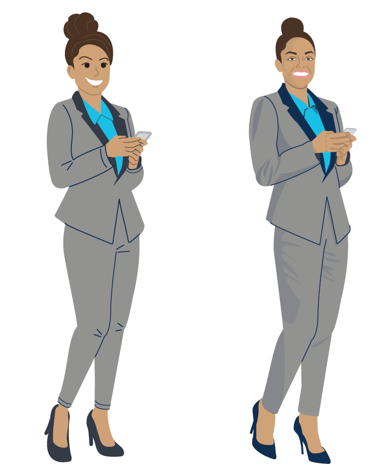 Woman in a gray suit depicted in two styles