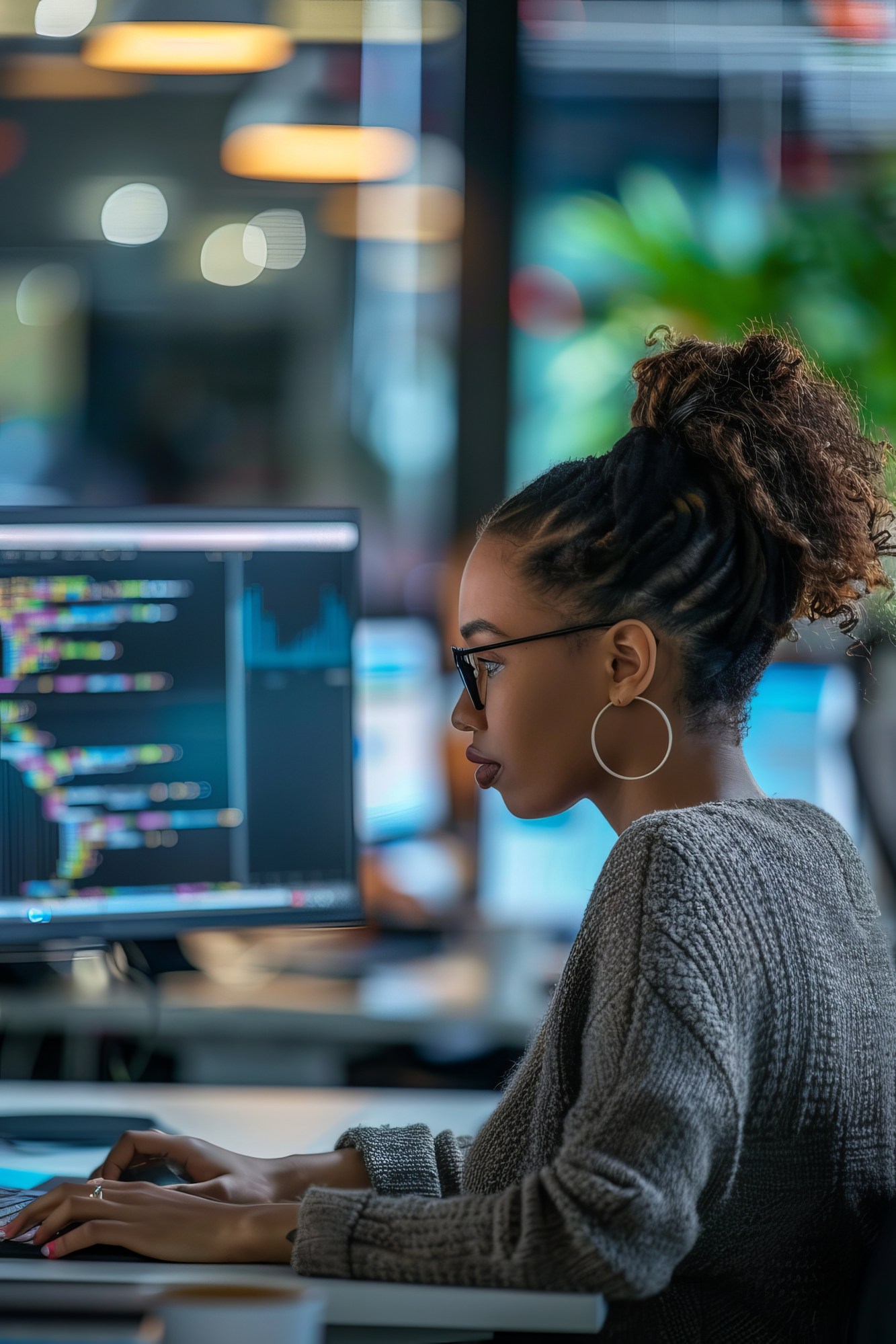 Female programmer at her desk writing code