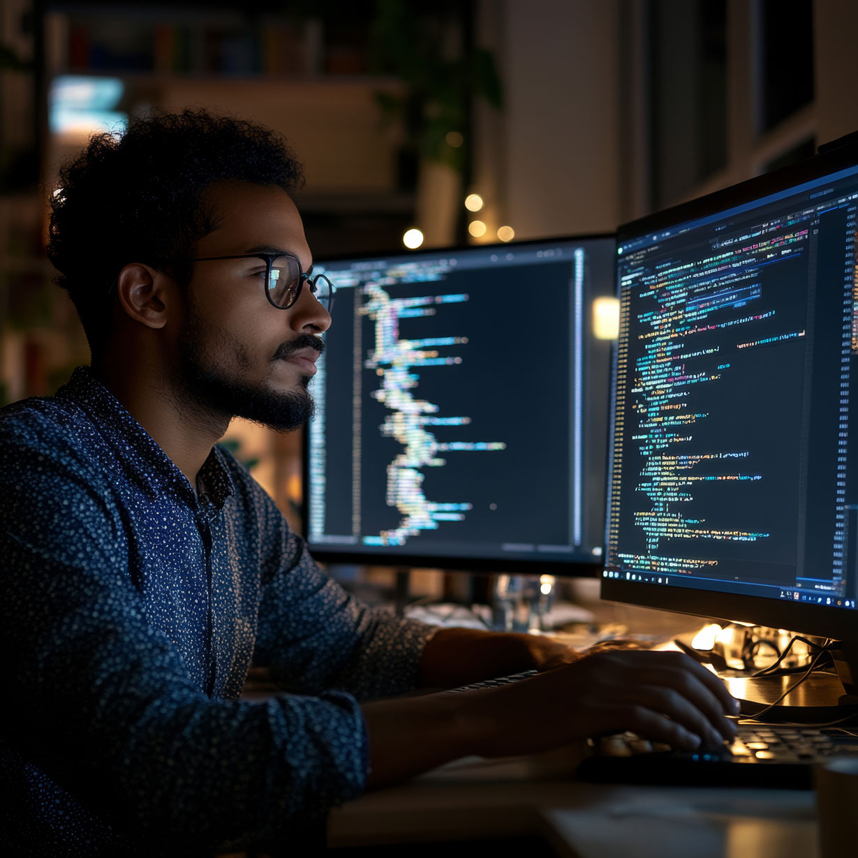 software developer in front of his monitors