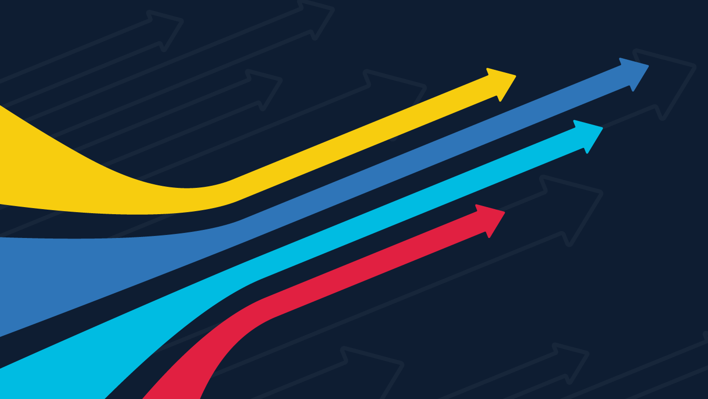 Colorful arrows (red, yellow and two shades of blue) showing upward progress