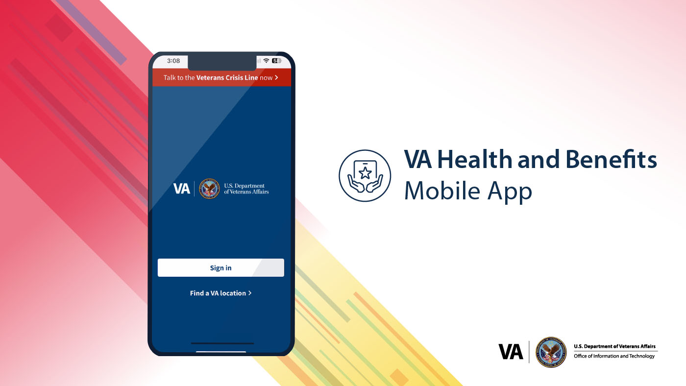 Mobile phone with VA Health and Benefits mobile app home screen.
