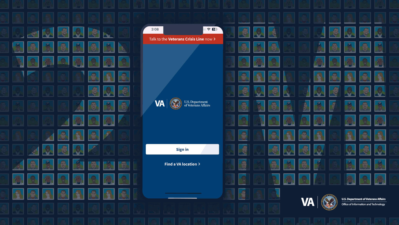 Phone screen with the VA Health and Benefits mobile app sign in screen and the number two and capital letter M in the background depicting two million